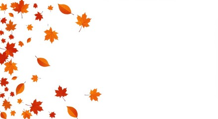 Autumnal leaves scattered on a white background with vibrant orange and red color palette displayed
