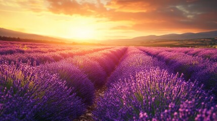 vibrant lavender field under golden sunset. serene landscape with rows of purple blooms stretching to horizon against dramatic sky. nature print, calendar, travel brochure.