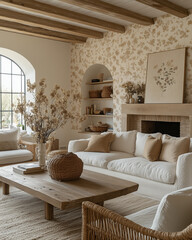 Light beige living room - modern interior hall and furniture design. Mockup for art