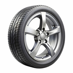 Obraz premium Car Wheel Isolated on White Background, Featuring a Sleek Rim Design and Sturdy Tire