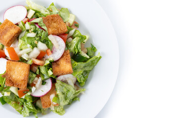 Fattoush salad, Traditional Lebanese Salad isolated on white background. Top view. Copy space