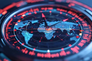 Futuristic world map with digital interfaces and glowing elements.