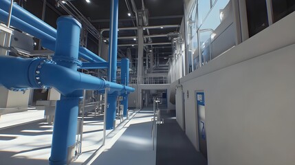 Large Industrial Building with Blue Pipes and Modern Infrastructure