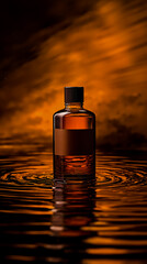 A bottle of liquid sitting on top of a body of water