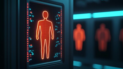 Digital human silhouette display with glowing figures in a futuristic setting.