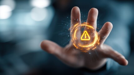 Projected warning symbol hovering over a hand.