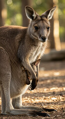 Fototapeta premium Kangaroo with Joey Standing in Natural Habitat