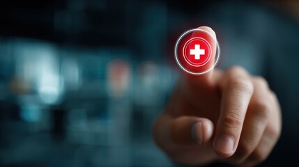 Digital health care interface with a red plus symbol.