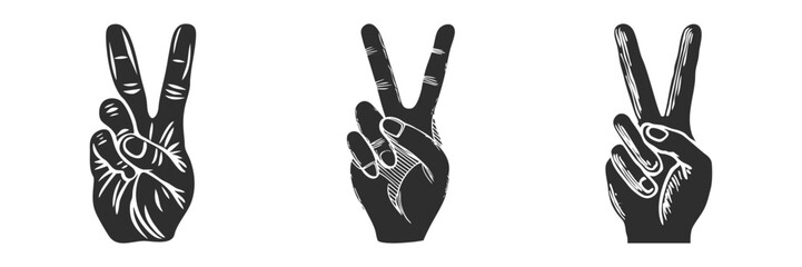 Fototapeta premium Peace Hand Gesture Silhouette Set. Symbol Of Victory And Peace In Different Styles. Isolated Vector Illustration Collection