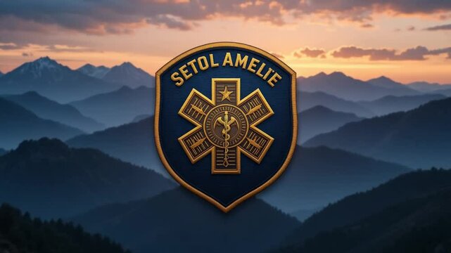 Scenic mountain landscape at sunset with medical emblem overlay representing healthcare