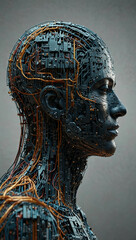 Minimal head silhouette made of circuit lines. Against a light backdrop, representing artificial intelligence or human-tech fusion. Copy space.
