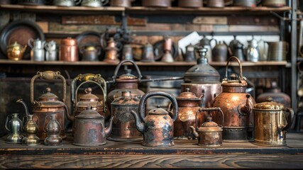 A collection of vintage copper kettles and teapots displayed attractively.