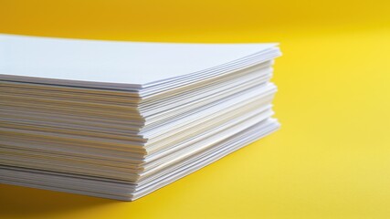 A neat stack of white paper against a bright yellow background.