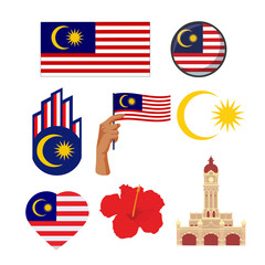 Stickers themed with examples about Malaysia from the flag, Abdul Samad Building (Kuala Lumpur landmark), Islamic religious symbols in Malaysia and others related to Malaysia.