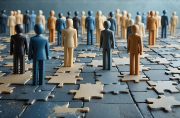 A diverse group of small figurines stand on a large, incomplete jigsaw puzzle.  The image symbolizes teamwork, collaboration, and the complexity of human connection.