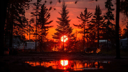Sunset over the forest reflecting in puddles near camping area during clear evening
