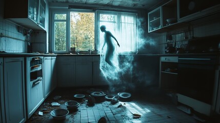 Ghost floating in a chaotic, abandoned kitchen filled with broken dishes, dust, and dirt, creating a hauntingly eerie atmosphere that evokes feelings of fear and mystery