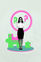Picture collage of person use look shocked having cog wheel puzzle image on pastel color background