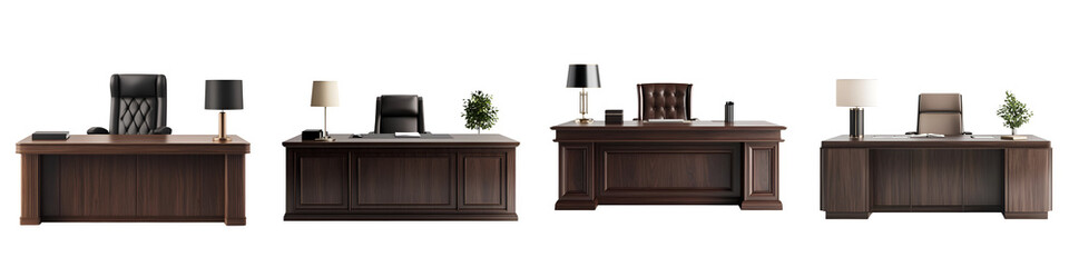 A collection of elegant, professional office furniture and decor. long_title:A set of stylish, wooden office desks, chairs, and accessories arranged in a