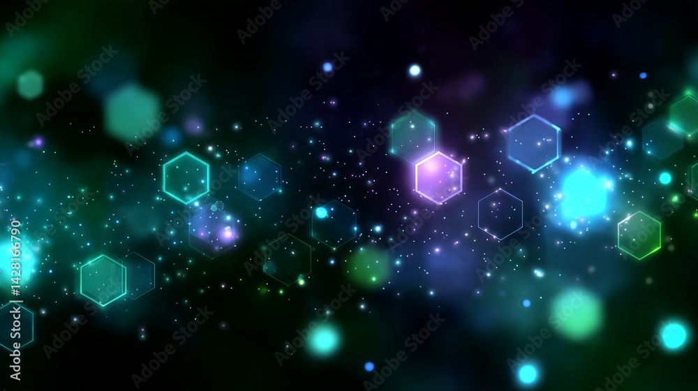 Poster bright hexagonal shapes and glowing particles create a vivid backdrop with a colorful, abstract desi