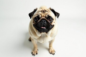 Obraz premium Solo pug, alert expression, pure white backdrop, face, domestic dog