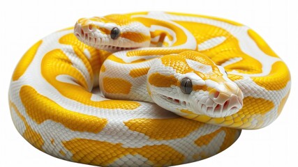 Obraz premium A close-up of two vibrant yellow and white pythons coiled together.