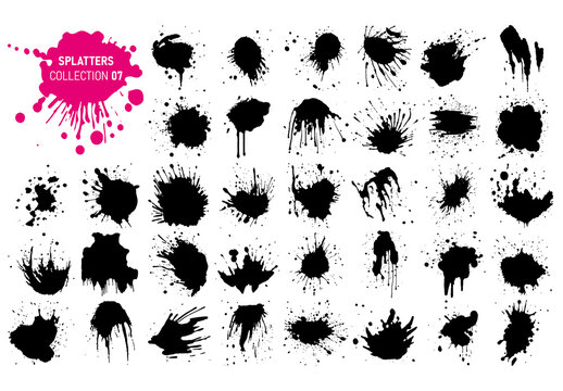 Vector black ink drops and paint splashes. Hand drawn design elements isolated on white background