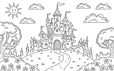 Naklejka premium Enchanted Kingdom Coloring Page Whimsical Castle, Smiling Sun, and Blooming Landscape for Creative Kids' Fun