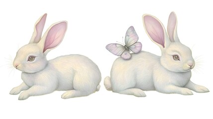 Obraz premium Colorful Artistic Depiction of Two Adorable Little Rabbits with Butterfly