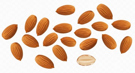 Scattered almonds on a white background with one almond cut in half revealing its inner texture