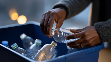 close-up of a pair of hands placing plastic bottles into a blue bin