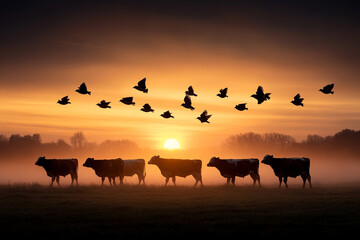 Naklejka premium Flock of birds flying over cattle in sunrise mist