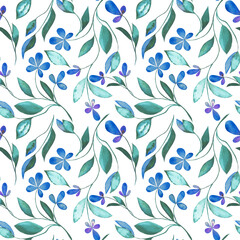 This seamless repeat design captures the delicate beauty of watercolor florals. The muted blue and green tones create a calm and elegant atmosphere for Modern Textiles,  Wallpaper, and Prints