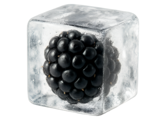 A cube of ice with blackberries inside on transparent background