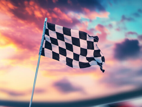 Checkered flag waving at sunset during a racing event - Powered by Adobe