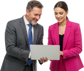 Business Colleagues Reviewing Laptop Man Woman Teamwork Corporate Success Professional