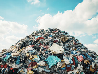 Mountains of discarded clothing pile up under a blue sky
