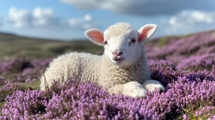 Obraz premium Lamb resting, heather field, spring, hills