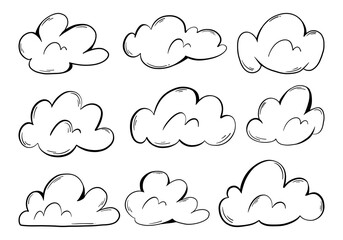 Whimsical Hand Drawn Cloud Outline. A charming set of 9 whimsical cloud elements in hand drawn line art style featuring rounded contours, playful puffy forms, and perfect for dreamy designs