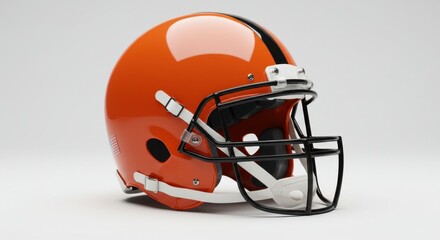 Fototapeta premium Glossy orange American football helmet with black face mask isolated on white background