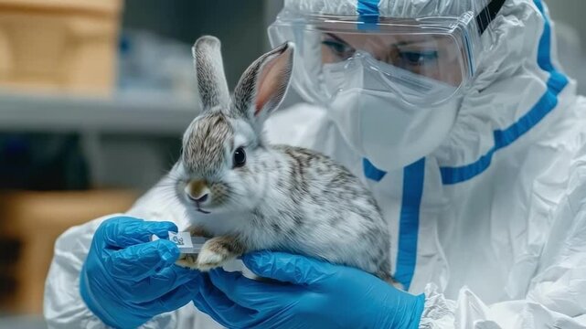 the virologist holds a rabbit in his hands. Selective focus