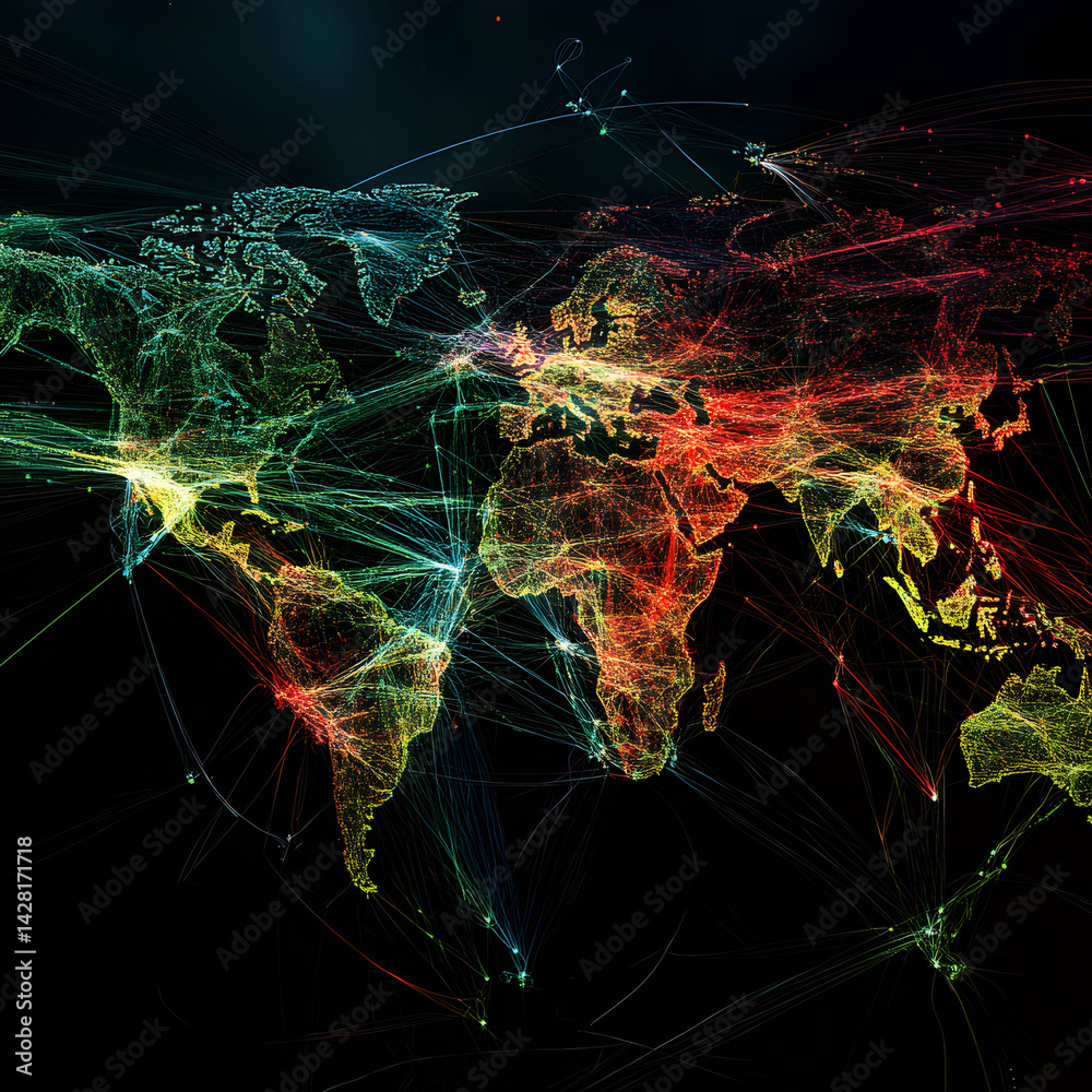 Poster global network: a vibrant and intricate visualization of a global network map, showcasing interconne