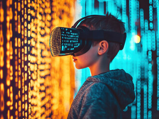 Young boy immersed in virtual reality against a vibrant backdrop