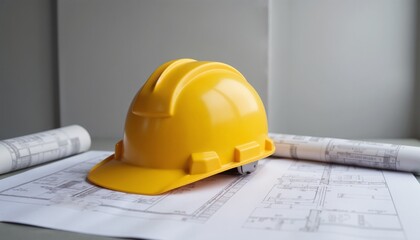 Bright yellow hard hat placed on architectural blueprints, representing construction industry and safety
