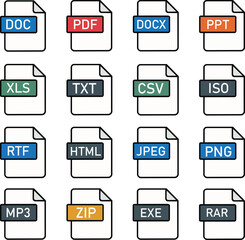 Document icon set, file type vector in various file formats including DOC, PDF, DOCX, PPT, PPTX, XLS, XLSX, TXT, CSV, ISO, RTF, HTML, JPEG, PNG, GIF, MP3, MP4, ZIP, RAR, EXE 