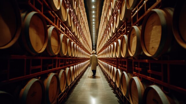 Wine barrels fill a long, dark wine cellar.