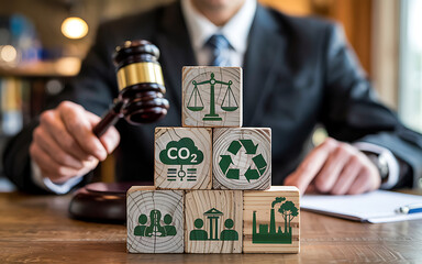 Environmental Law And Regulation Concept With Gavel And Wooden Blocks Showing Scales Of Justice Recycling And Co2 Emissions And Industrial Pollution