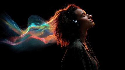 A woman listens to music, experiencing vibrant auditory sensations.