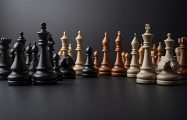 A chess set arranged on a dark surface, ready for a strategic game.  The pieces are meticulously positioned, showcasing the contrast between light and dark.
