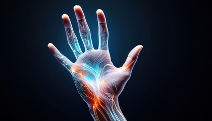 Obraz premium The Human Hand: A vivid, artistic representation of the human hand, highlighting the intricate network of veins and nerves within. The image showcases the beauty of the body, filled with vitality.
